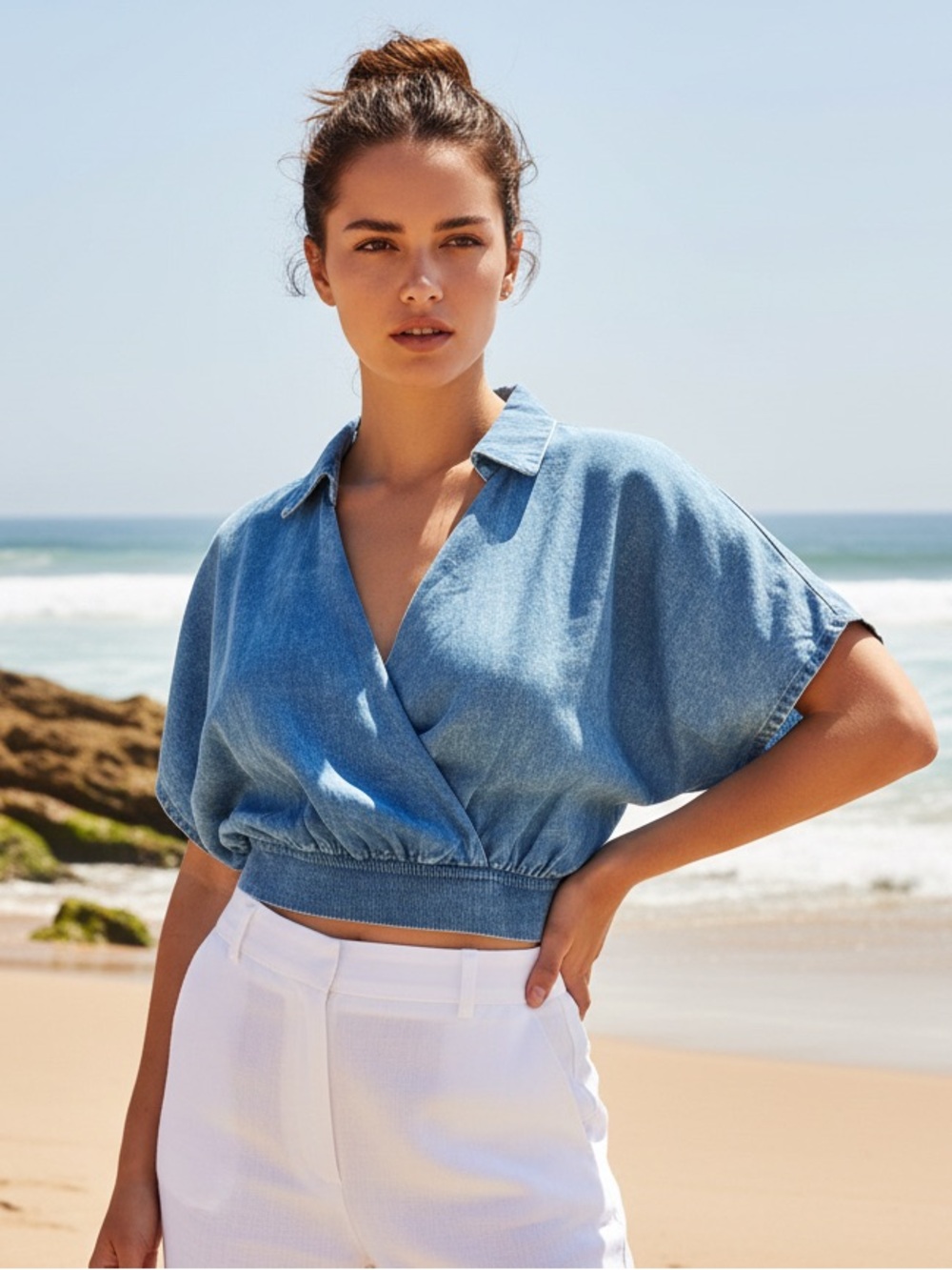 Zenana Mineral Washed Denim Blue Chambray Wrap Cropped Top Elastic Waistband